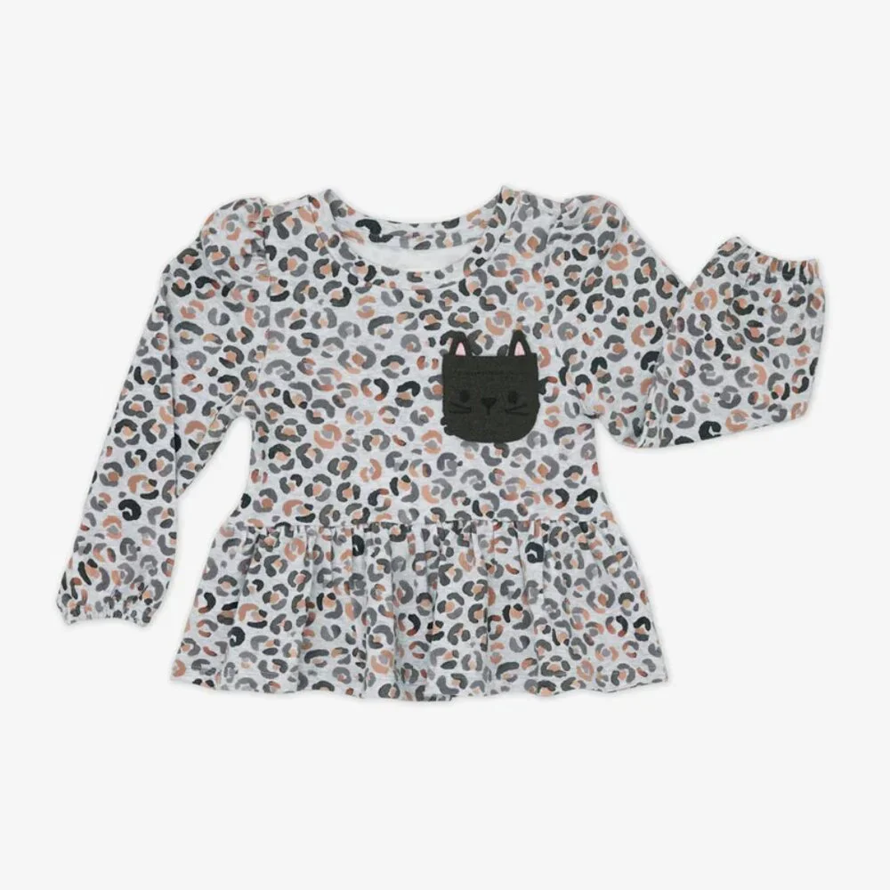 Snowy Leopard Puff Sleeve Peplum Top 4T Little Sleepies - Picture 2 of 2